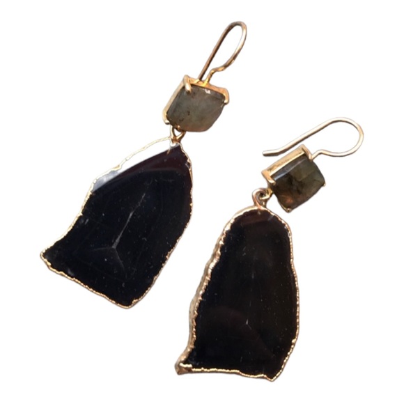 Labradorite and Black Agate Slice gold plated one of a kind wire back Earrings - Picture 7 of 8